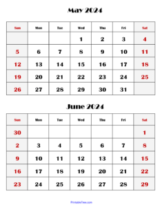 Two Months Calendar 2024 Printable PDF | Double Month Calendar