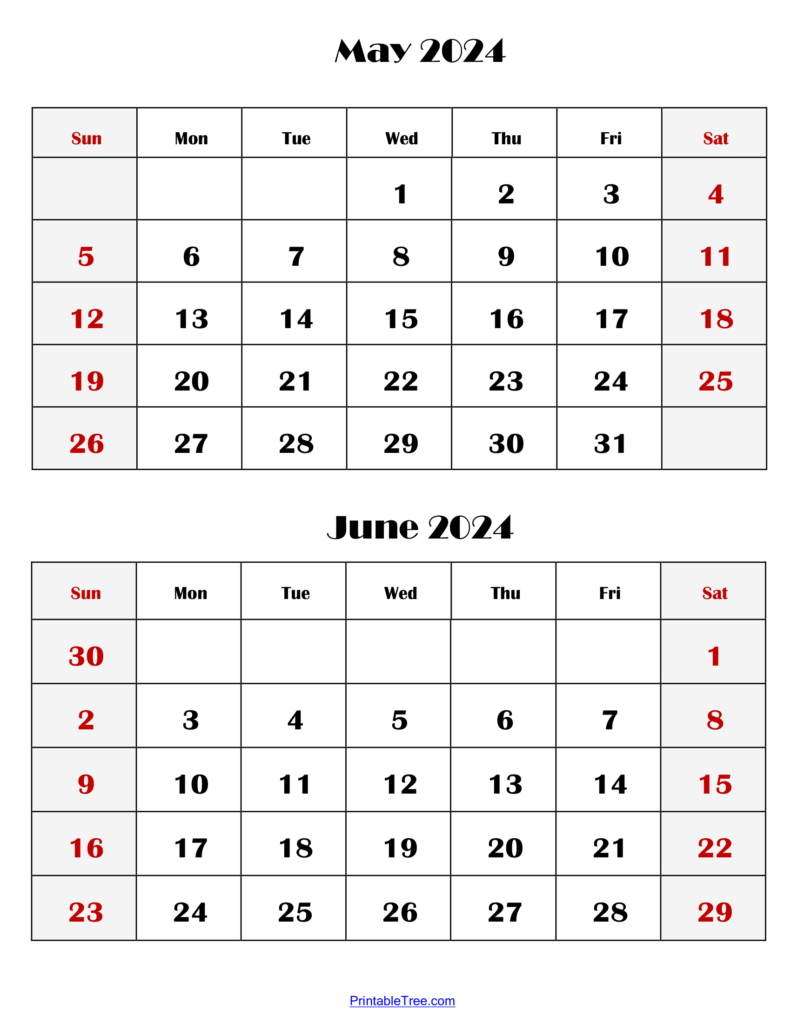 Two Months Calendar- May to June 2024