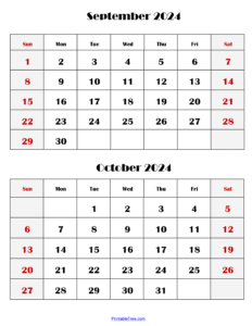 Two Months Calendar 2024 Printable PDF | Double Month Calendar