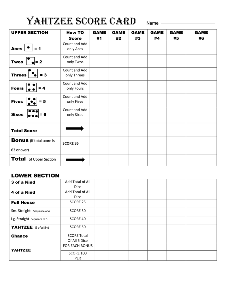 Yahtzee Score Card Printable Sheet