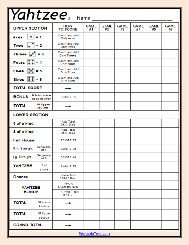 Free Printable Yahtzee Score Card Sheets PDF Templates