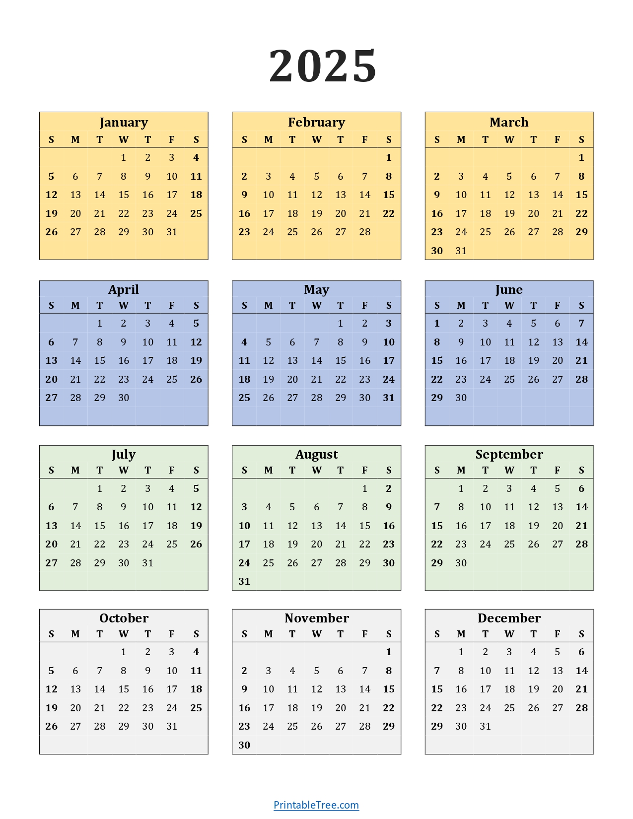 Printable Calendar 2025 One Page with Holidays (Single Page) 2025 Yearly Blank PDF Templates