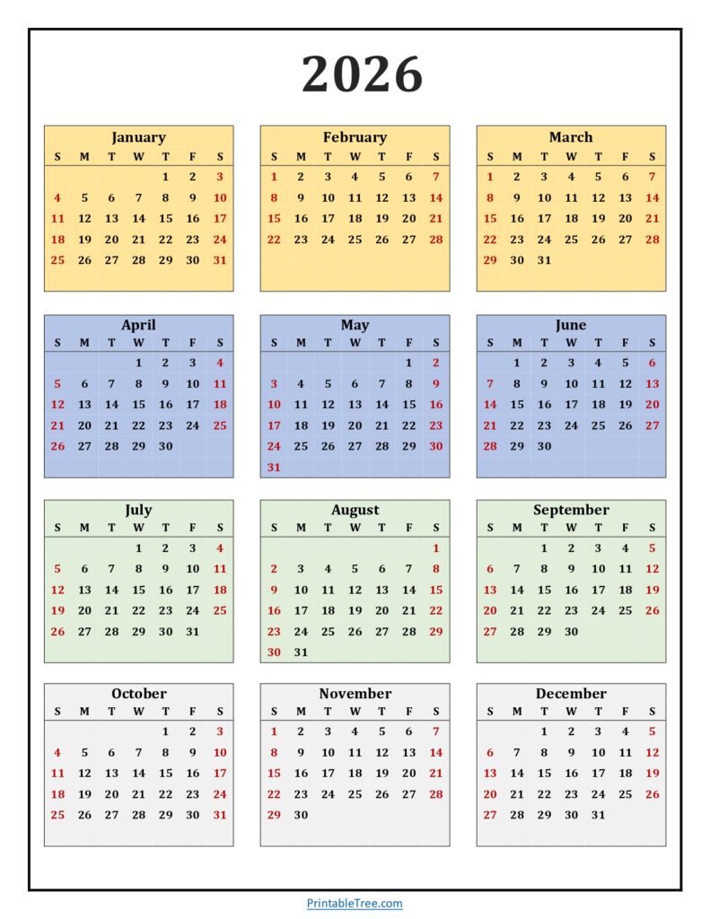 Yearly Calendar 2026 One Page Colored Portrait