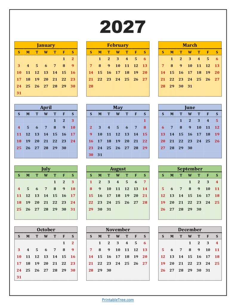 Yearly Calendar 2027 One Page Colored Portrait