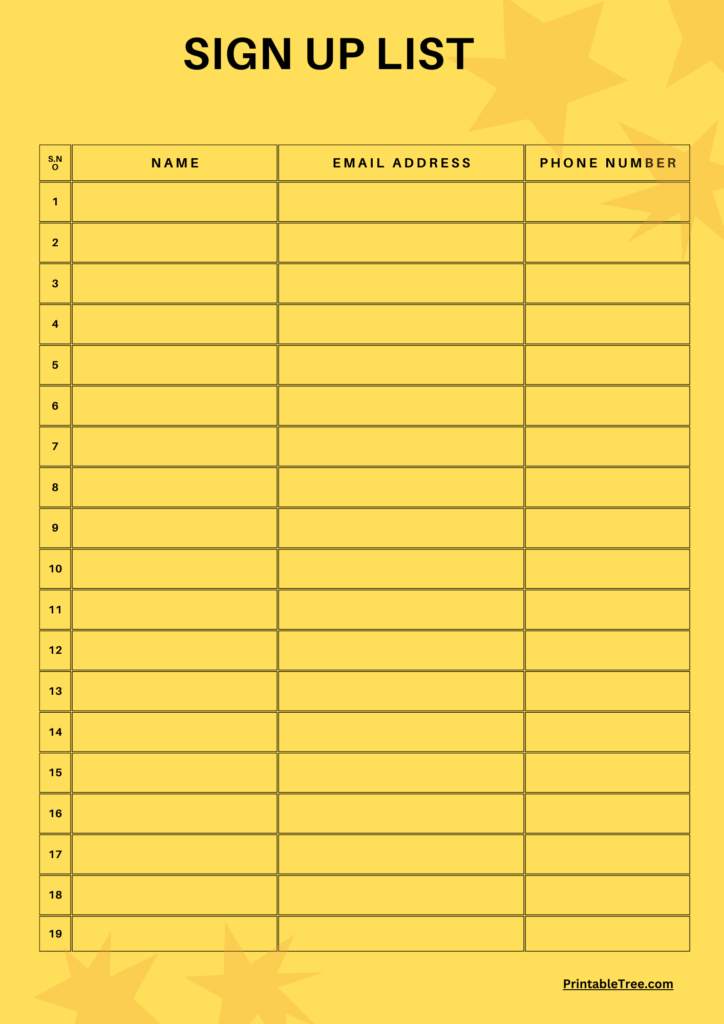 Yellow Floral Sign Up Sheet Template